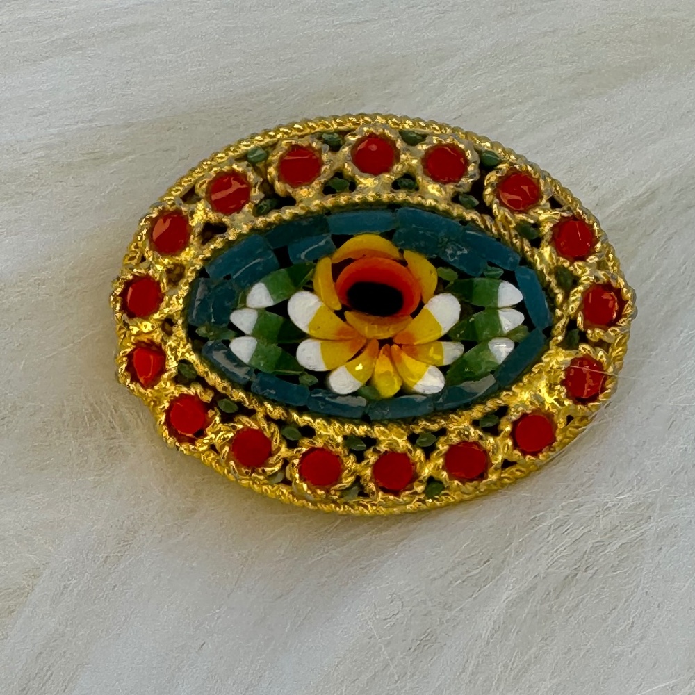 Vintage Italian glass micromosaic floral and gold tone brooch.